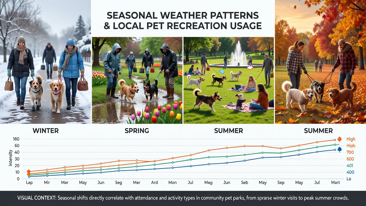 Pet owners navigating a recreation area during autumn weather changes with fallen leaves and cooler temperatures