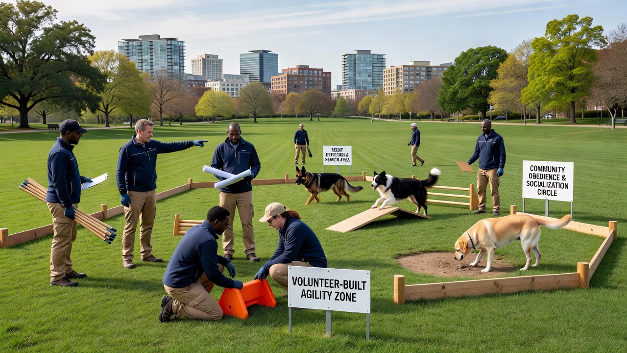 Specialized training equipment installed by volunteers in an urban canine meadow