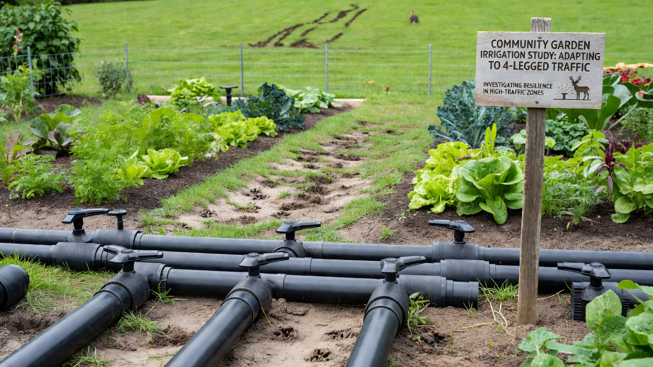 Close-up view of subsurface irrigation components and soil moisture sensors in a dog-friendly park setting
